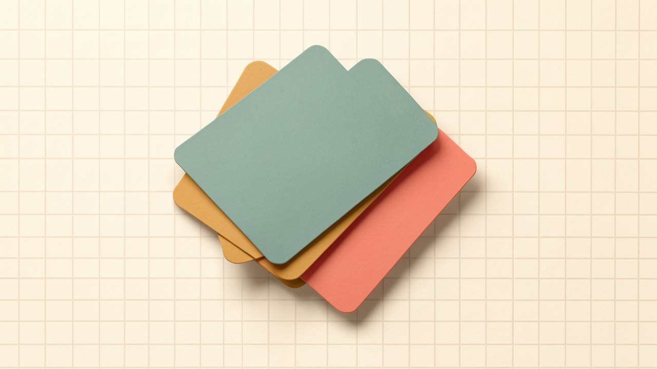 A stylized arrangement of overlapping credit cards in teal, amber, and coral tones on a warm off-white background, with a subtle grid pattern and soft shadows, representing the