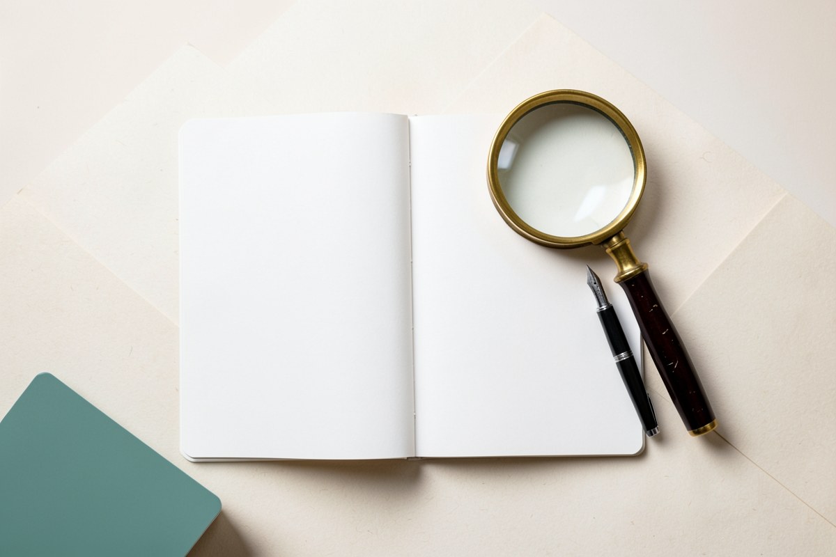 A flat-lay of an open notebook, a magnifying glass, and a pen on a warm paper background, with a credit card edge visible in the corner, symbolizing research and editorial process.