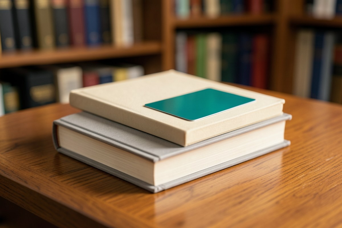 A stack of books and a single credit card placed on a clean desk, with a blurred bookshelf in the background, representing standards and research.