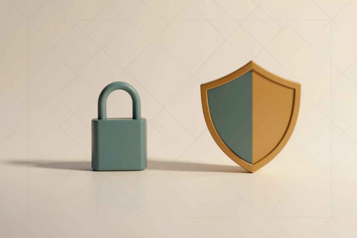 A padlock icon and a shield on a clean, minimalist surface with soft shadows, representing data protection and privacy.
