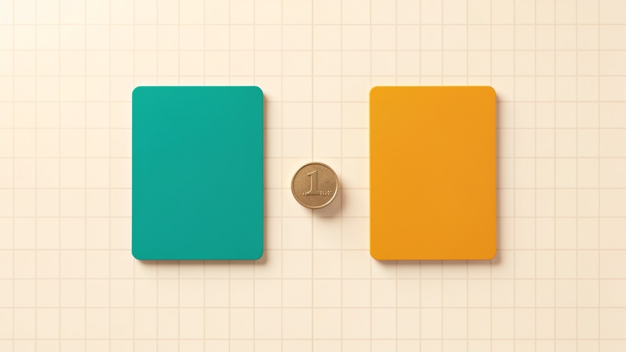 A balanced arrangement of two credit cards facing each other on a light background, with a small scale and coin symbols floating between them, representing comparison.