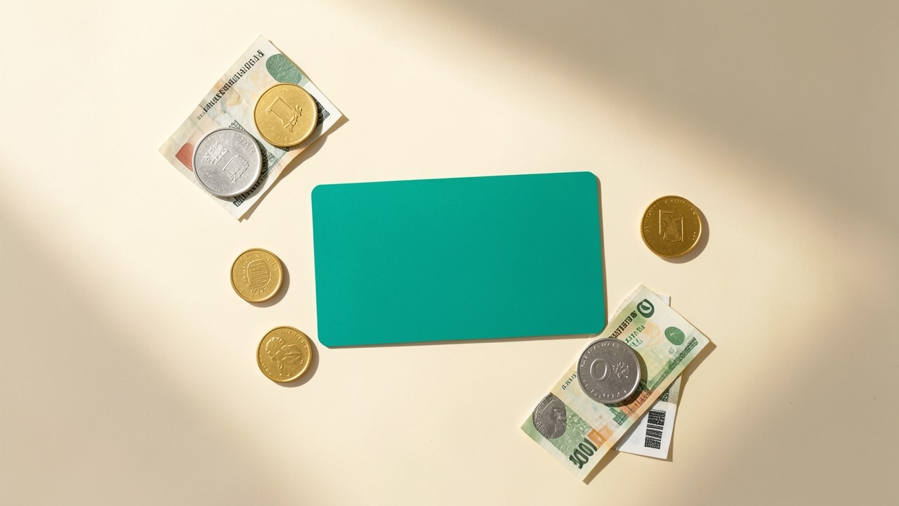 A teal credit card on a surface surrounded by a few scattered coins and small paper bills, representing cashback rewards.