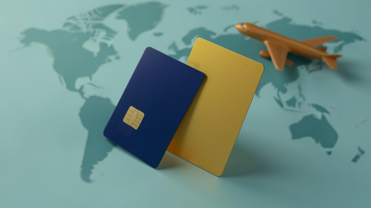 A blue and gold credit card in front of a world map with a small airplane model, symbolizing travel rewards.