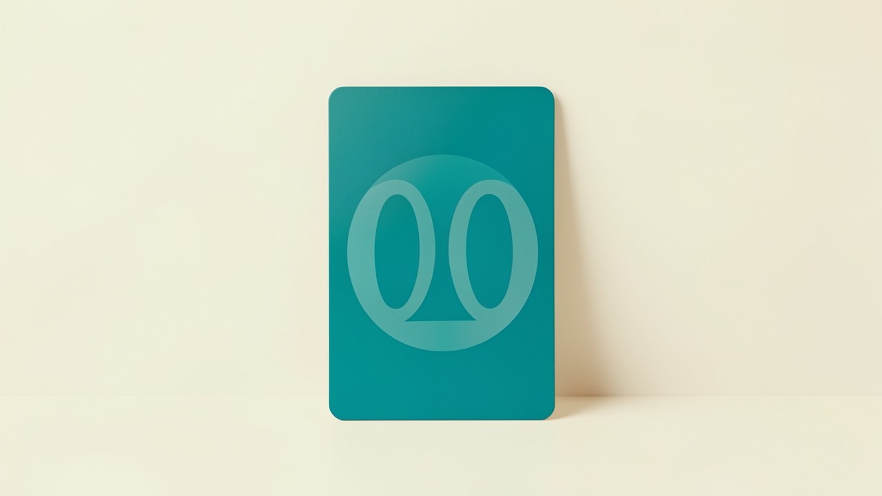 A simple teal credit card with a large zero watermark, standing on a clean background with soft light, representing no annual fee.