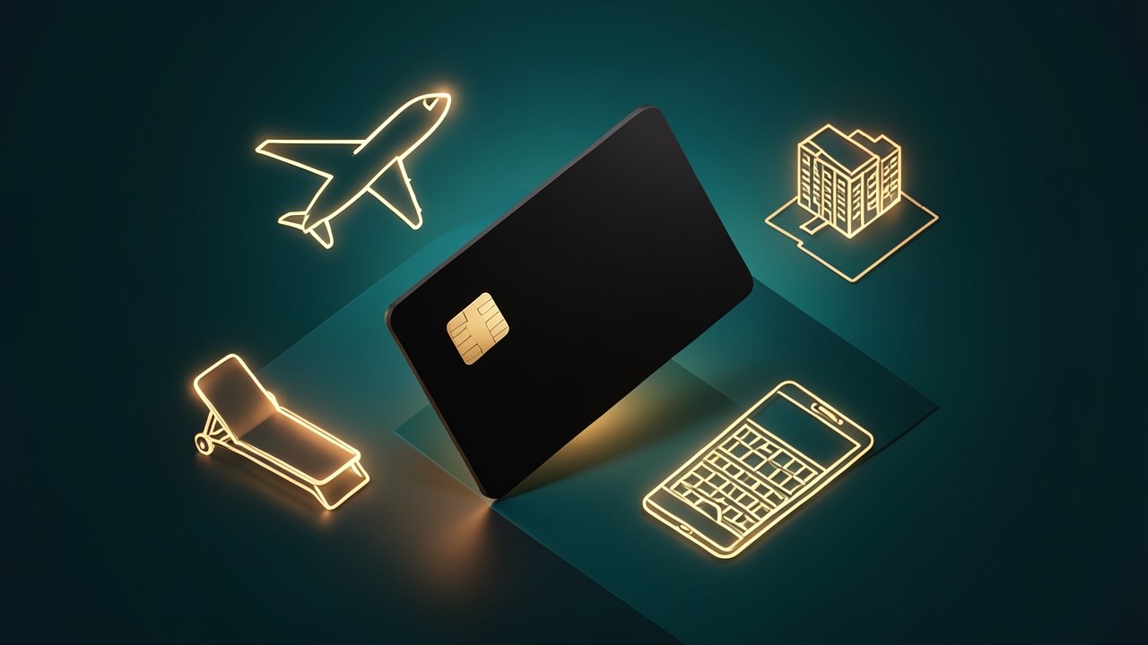 A premium black credit card with a subtle gold chip, surrounded by elegant travel icons like a plane and a lounge chair, on a dark background with soft lighting.