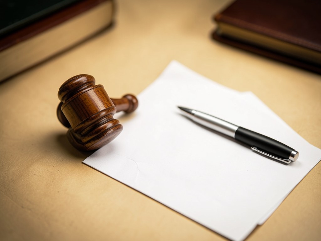 A gavel and a document with a pen, on a warm neutral background, representing legal terms and agreements.