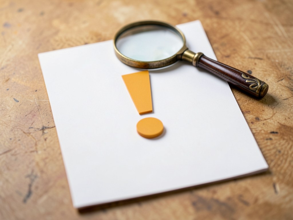 A document with a large exclamation mark and a small magnifying glass, on a clean background, representing caution and disclaimers.