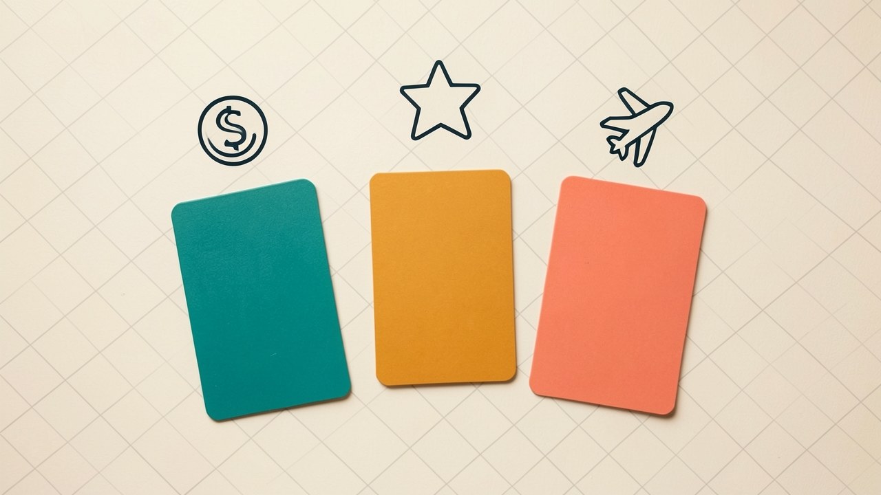 An educational illustration showing three credit cards labeled with icons for cashback (coins), points (star), and miles (airplane), on a light background.