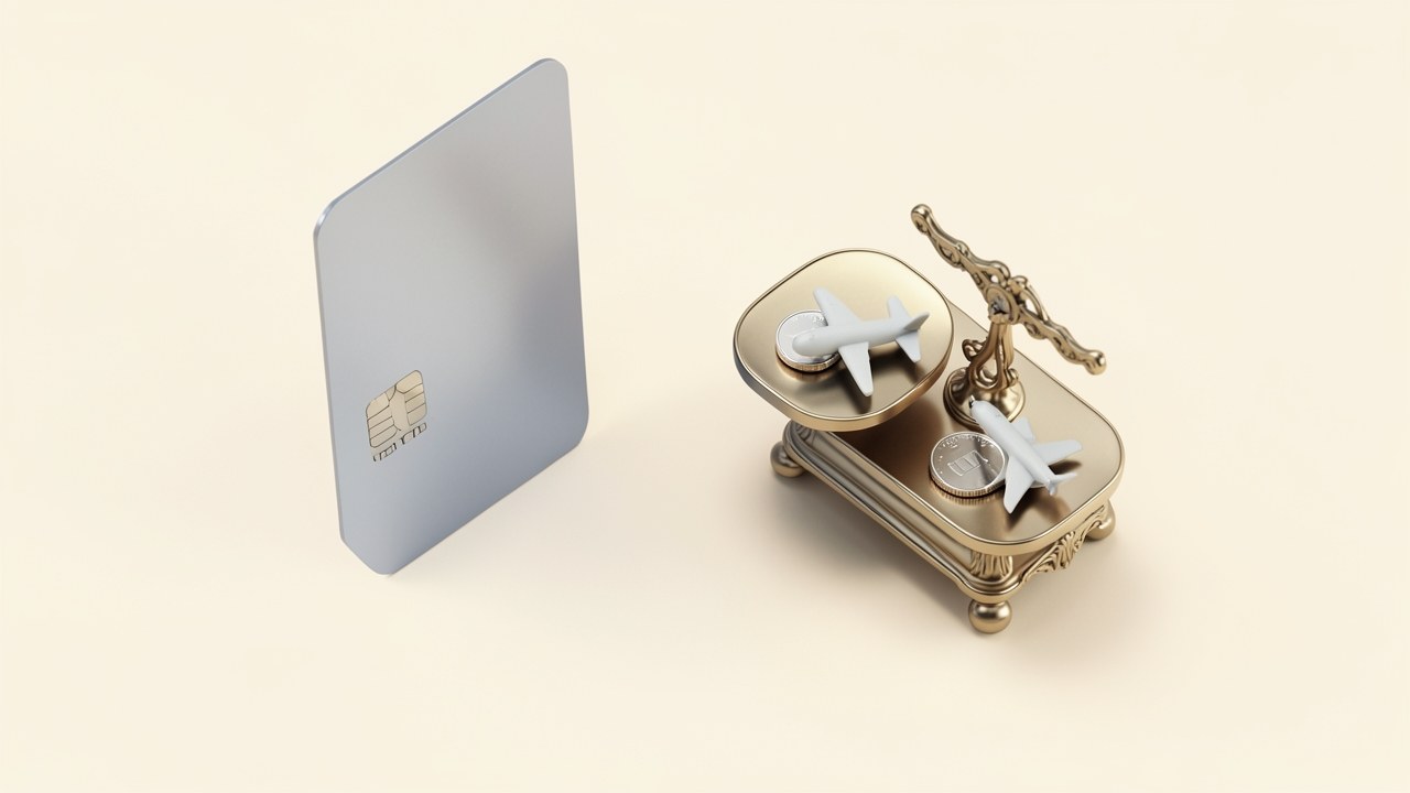 A credit card and a small scale with a coin and a plane on each side, representing the value of points, with a soft background.