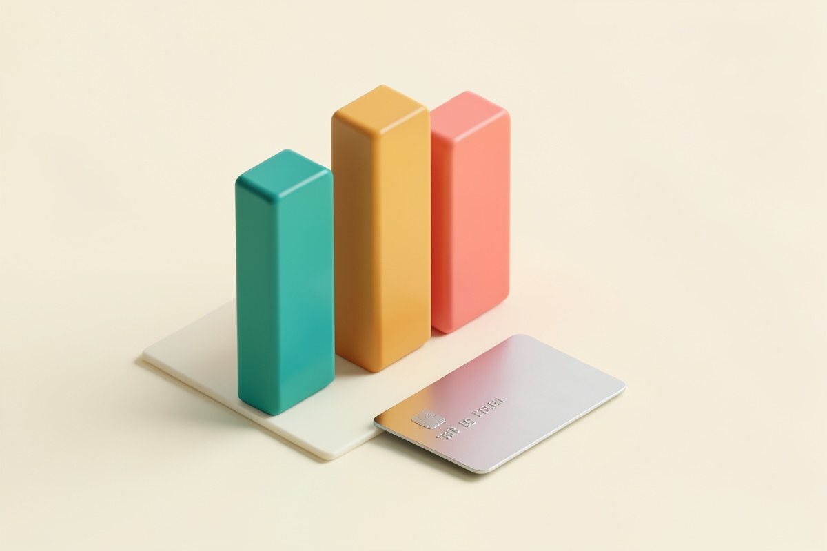 A simple bar chart (without numbers) and a credit card, on a warm background, representing earning rates and comparison.