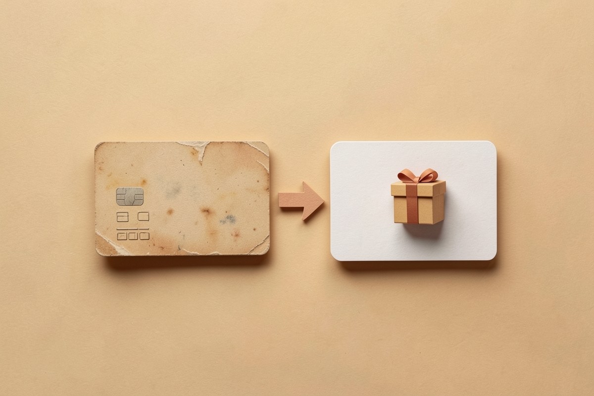 A visual of a credit card with an arrow pointing from an old card to a new card, and a small gift box next to it, representing balance transfer and rewards.